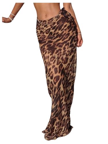 Milumia Women's Leopard Cheetah Print Long Beach Skirt Skinny Sheer Bikini Cover Up Skirts