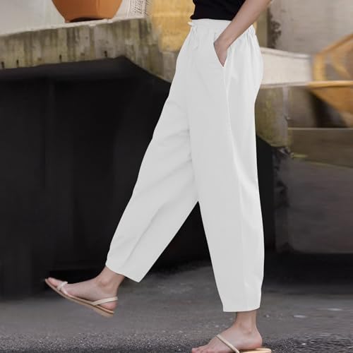Womens Cotton Linen Palazzo Pants Drawstring Elastic Waist Casual Beach Pants Summer Wide Leg Trousers with Pockets4
