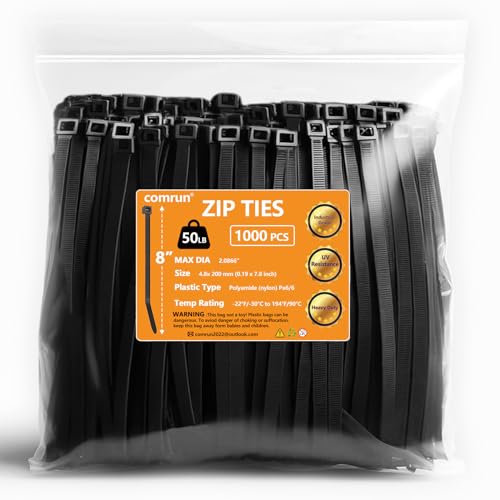 COMRUN 1000pcs 8Inch Nylon Zip Ties, 50 Pounds Tensile Strength, Black Cable Tie, Industrial Grade, UV Resistant,Heavy Duty,for Home,Garden Trellis,Office,Garage and Workshop