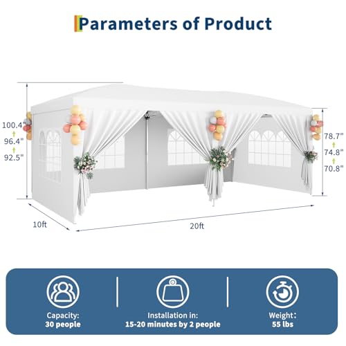10x20 Heavy Duty Pop Up Canopy Tent with 6 Removable Sidewalls, Easy Up Commercial Canopy Tents for Parties, Large Outdoor Canopies with 3 Adjustable Heights, Stakes X18, Ropes X6,White
