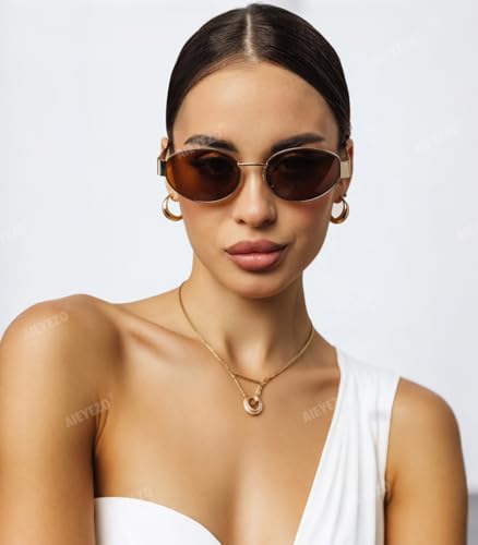 AIEYEZO Polarized Sunglasses for Women Men Retro Oval Sun Glasses Fashion Oval Metal Frames UV400 Protection Lens (Gold/Brown)4