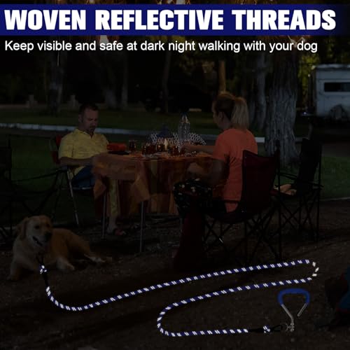 Image of Mihachi Dog Tie Out Stake and Long Dog Leash, Reflective Recall Training Lead Leash with Removable Handle,15.8in Ground Stake,Ideal for Yard, Camping and Beach,Suitable for Medium Dogs, Blue 30FT