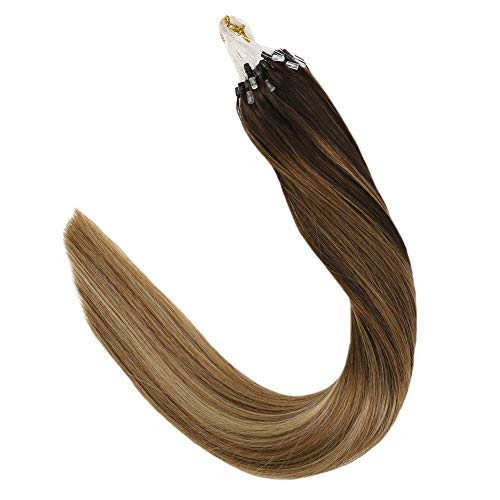 LaaVoo 18inch Micro Loop Hair Extensions Balayage Darkest Brown to Light Brown with Golden Blonde Unprocessed Human Hair Prebonded Silicone Micro Beads Stick Tip Hair Extensions 50g/50s#2/8/16