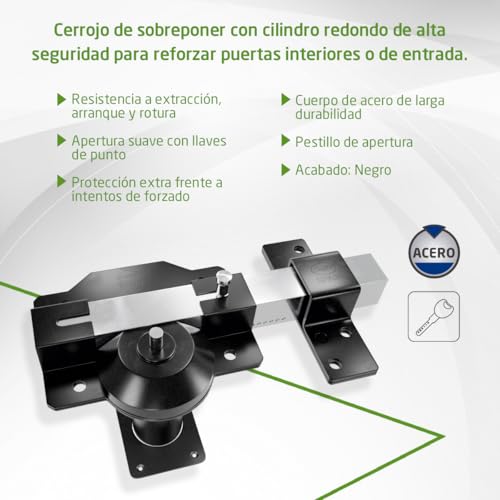 Amig - Cerrojo de Seguridad con Cilindro Redondo – Alta Resistencia a Extracción – Incluye 5 Llaves – 88 x 153mm - Cerradura de Sobreponer - Acero - Cilindro 50 mm - Negro - imagen 3