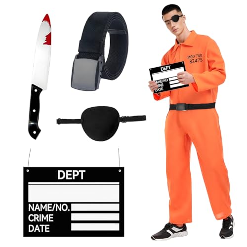 [HTPARY] 囚人服 オレンジ コスプレ 囚人 仮装 コスプレ メンズ ハロウィン 囚人 コスチューム つなぎ 仮装 セット ユニセックス レディース 男女兼用 (大人, M)のサムネイル