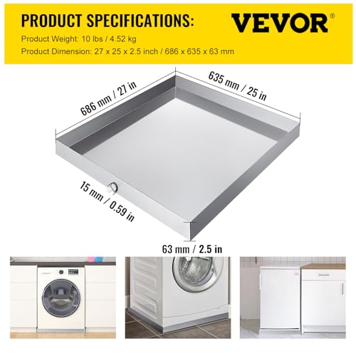 Image of VEVOR 27 x 25 x 2.5 Inch Washing Machine Pan 304 Stainless Steel Washing Machine Drain Pan 18 GA Thickness Heavy Duty Compact Washer Drip Tray with Drain Hole & Hose Adapter