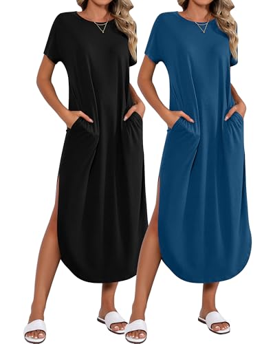 Image of Riyiper 2 Pieces Women's Short Sleeve Maxi Dress Round Neck Casual Loose Split Long Summer Beach Shirt Dress with Pockets