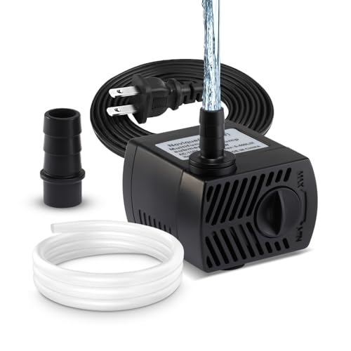 Novique 105 GPH Submersible Water Pump with 4.76ft Power Cord and 2 Nozzles 5W Ultra Quiet Mini Fountain Pump with 2.8ft High Lift Aquarium Water Pump for Fish Tank Pond Fountain Hydroponics