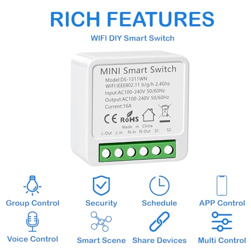 Interruptor WIFI, Interruptor Inteligente WIFI, Mini Smart Switch WIFI Compatible con Alexa,Tuya y Smart Life, Max 16A, 2.4GHz Interruptor Alexa 4 Interruptor Wifi, Interruptor Inteligente Wifi, Mini Smart Switch Wifi Compatible Con Alexa,tuya Y Smart Life, Max 16a, 2.4ghz Interruptor Alexa