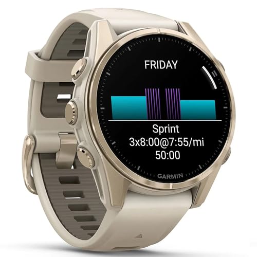 Image of Garmin Fenix 8 43mm AMOLED Sapphire Multisport GPS Smartwatch, Soft Gold with Fog Gray Sandstone Silicone Band, 010-02903-10 - Bundle w /Deco Essentials Charging Dock, Dust Cover and USB-C Cable