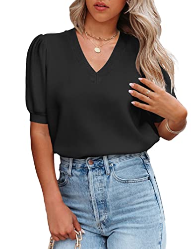 Image of Womens Puff Short Sleeve Sweater Tops Crewneck Basic Knit Pullover Lightweight Solid Casual Sweaters