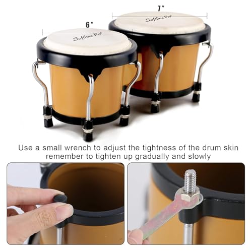 Image of Softline Pro Bongo Drum Set with Tuning Wrench & Padded Professional Wooden Percussion Instrument for Beginner Adults Kids - Natural Skin (CARAMEL ABS)