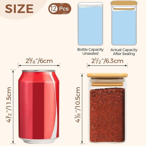 Image of CAKETIME Spice Jars with Airtight Bamboo Lid [Square, Pack Of 12, 270ml] - Glass Spice Bottles, Seasoning Containers for Salt, Sugar, Coffee Beans - Set of 12 Jars with Wooden Lids