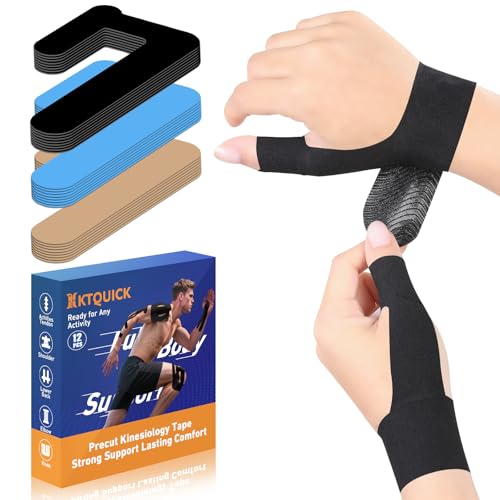 Precut Kinesiology Tape for Thumb Right, KTQUICK 12PCS Waterproof & Hypoallergenic Latex-Free Athletic Tape for Thumb Support, Wrist & Thumb Brace, Elastic Breathable Long-Lasting Thumb Tape (Black)