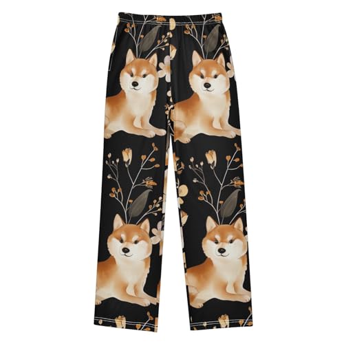Lovely Corgi Dog Floral Boys Long Pants Soft Trousers Elastic Waist Kids Lounge Bottoms with Pockets S-XL