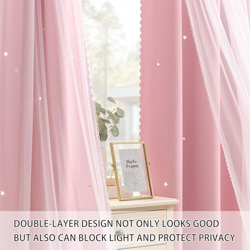 Image of XiDi Pink Blackout Curtains with Sheer Overlay Mix and Match Double Layer 80% Room Darkening Window Treatment Set for Girls Bedroom Living Room Pink Star Drapes with Tiebacks Grommet Top 34 inch Wx96 Lx2
