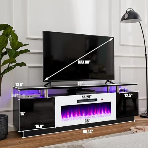 Image of AMERLIFE 70 inch High-Gloss Fireplace TV Stand with 36 inch Electric Fireplace | Black /White LED TV Console, Modern Living Room Entertainment Center, Fits TVs up to 80 inch, 2 Cabinets, 2-Tier Storage Space