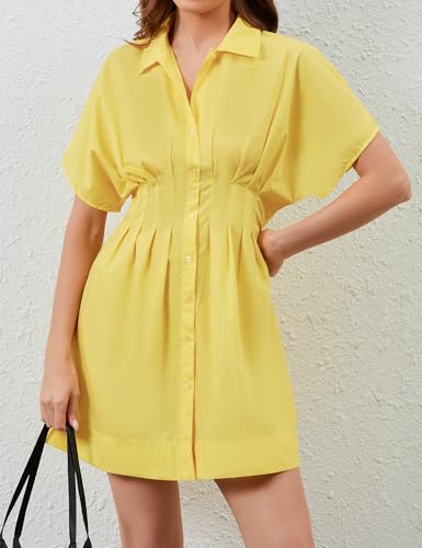 Image of Women Summer Short Sleeve Button Front Pleated Shirt Dress Striped Collar V Neck Casual Y2k Swing Short Mini Dress
