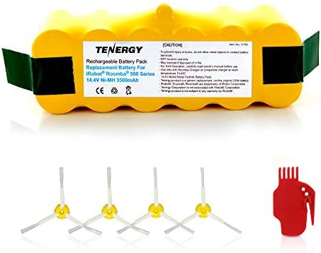 Tenergy 3500mAh Replacement Battery for iRobot Roomba R3 500 600 700 800 900 Series 3.5Ah 14.4V Advanced Power System (APS) NiMH iRobot Battery Bonus 4 Side Brushes and 1 Brush Cleaning Tool