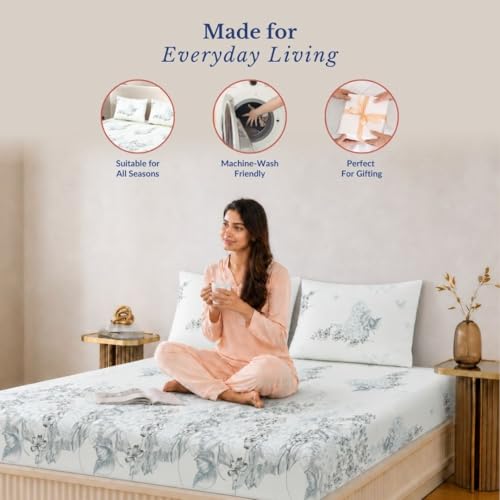 Image of Jaipur Weaves 100% Cotton 240 TC Printed Elastic Fitted Bedsheets King Size with 2 Pillow Covers, 72 x 78 inches (Garden Blue, Super King Fitted, Pack of 1)
