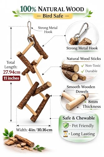 Image of KSK Natural Wood Bird Hanging Toy for Budgies, Lovebirds & Cockatiels - Chewable Climbing Ladder with Real Wood Sticks - Cage Activity Toy for Small & Medium Parrots