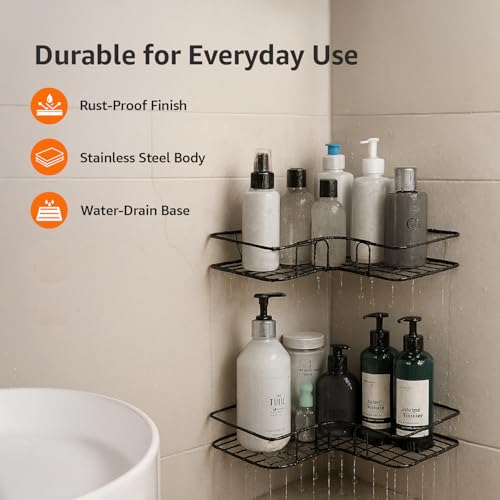 Image of Amazon Basics Self-Adhesive Corner Shelf | No-Drill, Wall-Mounted Organizer for Bathroom, Kitchen & Living Room - Premium Rust Proof GI Metal, 27 x 27 x 6 cm, Black, Pack of 2