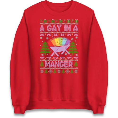 Image of Adult Sweatshirt, Red, XL, A Gay in a Manger Christmas Jumper, Rainbow Festive Nativity Style Design for Winter Parties, Family Celebrations and Seasonal Gifting