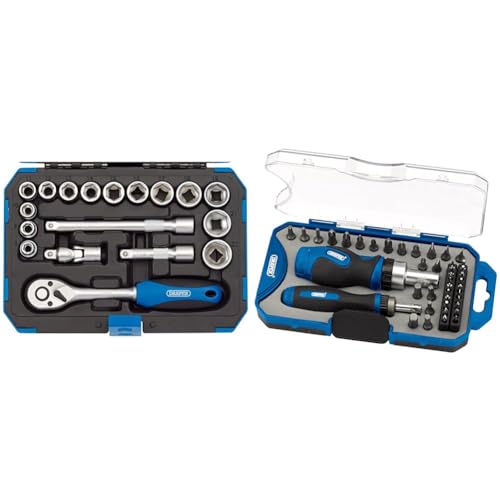 Draper 18 Piece Metric Socket Set with Ratchet Tool & Case - 3/8 Square Drive - DIY Home Professional & Car Kit, Blue & 46479 Ratchet Screwdriver and Bit 42 Piece Set, Blue