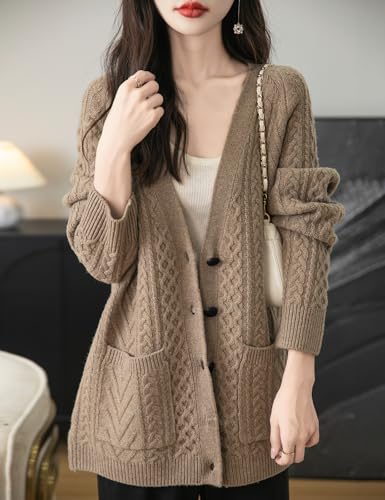 Image of Chanyarn Women's 100% Merino Wool Sweater 2025 Fall Winter V Neck Long Sleeve Vintage Cable Knitted Cardigan Sweater