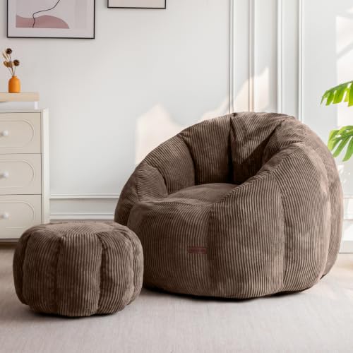 Image of MAXYOYO Bean Bag Chair with Ottoman, Giant Pumpkin Lounge Chair for Adults | Oversized Bean Bag Chair with Footstool, Comfy and Lazy Lounge Boneless Chair for Dorm, Living Room, Bedroom, Brown