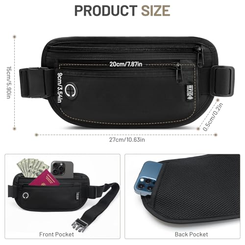 GlasFlength Flache Bauchtasche mit RFID Blocker, Diebstahlsicher Geldgürtel für Damen und Herren wasserdichte Tasche für Reisepass Diebstahlsichere Gürteltasche für Reise Sport (Schwarz)