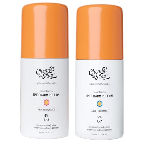 Image of Chemist At Play UnderArm Roll On Deodorant with 5% Lactic Acid & 1% Mandelic Acid | Prevents Body Odour & Fades Pigmentation | 0% Aluminium & 0% Alcohol | Peach & Aqua Fragrance | 80ml - Pack of 2