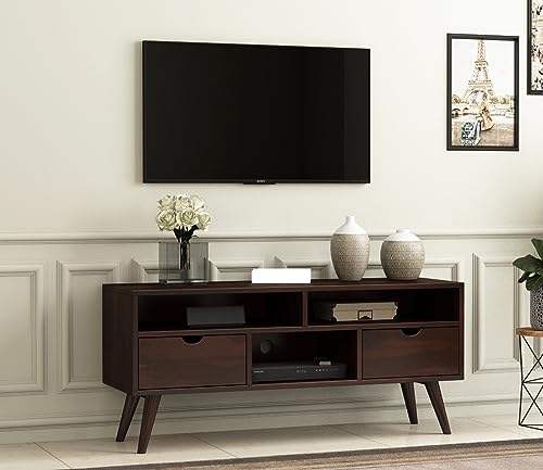 Image of Sheesham Wood TV Unit with 2 Drawers and 3-Shelf Storage - Perfect for Living Room - Fits up to 50-Inch TV (Medora, Walnut Finish)