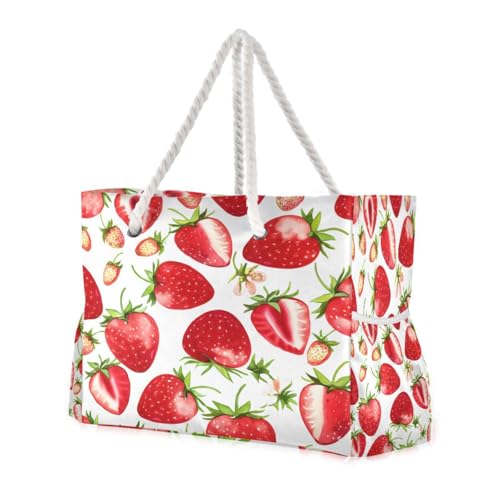 Fresh Strawberries Beach Tote Bag for Women Large Pool Bags Carry On Bag With Wet Compartment for Beach Travel with Pocket Zipper Outdoor Tote Bag