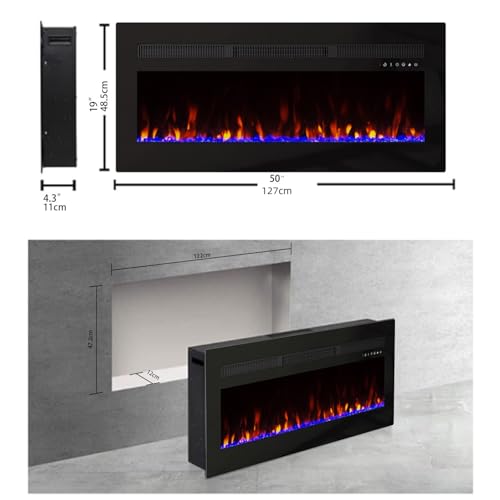 Panana 50 Wall-Mounted Electric Fireplace Heater with Remote, 1400W, 20 Color Flames, Log Set & Crystal, 8H Timer