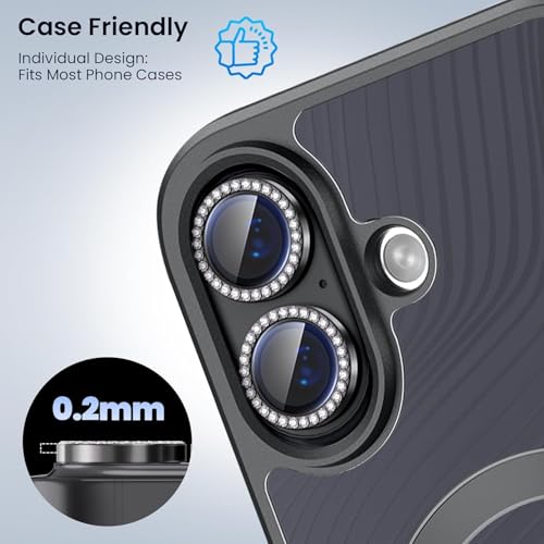 Image of NEXVEU DIAMOND Camera Lens Protector For IPHONE 16 /16 PLUS /IPHONE 17 BLACK UHD 9H Glass, Anti Drop, Scratch Resistant, Case Friendly, Removable, Waterproof, Heavy Duty Camera Protector