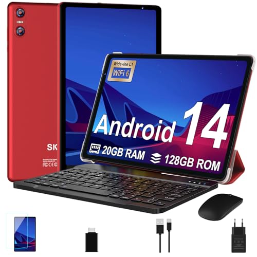 SKYEGG Tablet 10 Pollici Android 14, 20 GB RAM + 128 GB ROM(Espandibile Fino a 1 TB), Octa-Core, 5G Wi-Fi 6, 8MP + 5MP, 6000mAh, Widevine L1, USB-C Tablet con Tastiera + Mouse + Custodia, Rosso
