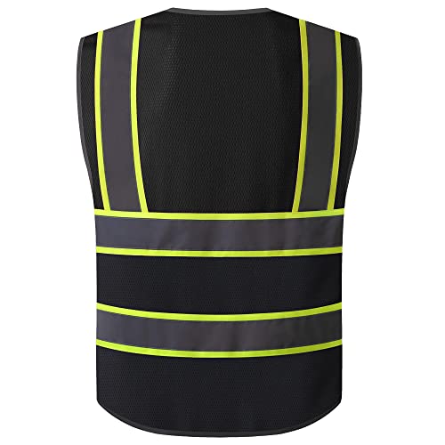 Asiphitu Black Safety Vest Mesh High Visibility Reflective Vest For Men Women With 9 Pockets And Zipper Hi Vis Construction Vest, Meets Ansi/Isea Class 1, (E1-Black-L) #TOP1
