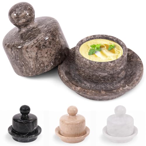 Mini 4 Inch Marble Covered Butter Dish with Lid, Oceanic Stone Butter Keeper for Soft Butter, Perfect for Countertop Storage, Kitchen Décor, Perfect Butter Crock Gift