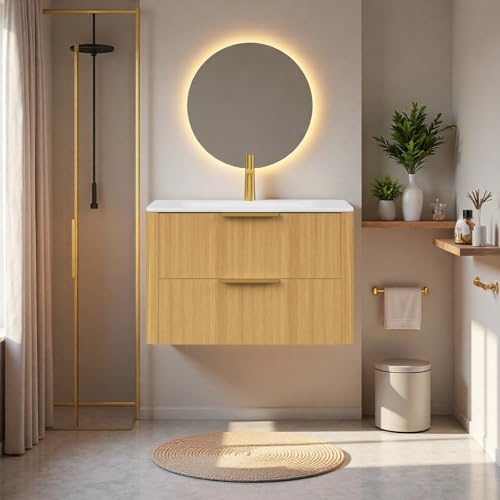 Image of 30 inch Wall-Mounted Bathroom Vanity Cabinet with Sink, Light Oak