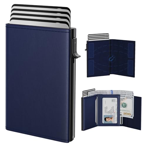 Image of typecase Mens Wallet Card Holder: Pop Up Aluminum Case, Premium Genuine Leather, Smart, RFID Blocking, Slim, Minimalist, Front Pocket - 9-14 Card Capacity | ID Window | Cash Slot (Navy)