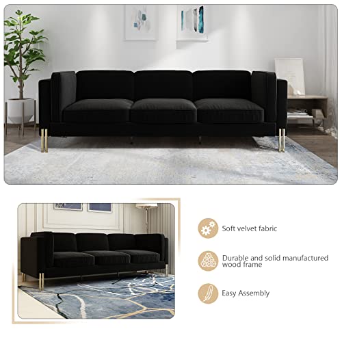 Hommoo 94" W 3 Seat Couch Mid Century Velvet Sofa With Metal Gold Legs Chesterfield With Removable Cushion Comfortable Sofa Couch For Small Apartment Living Room Bedroom Black #TOP4
