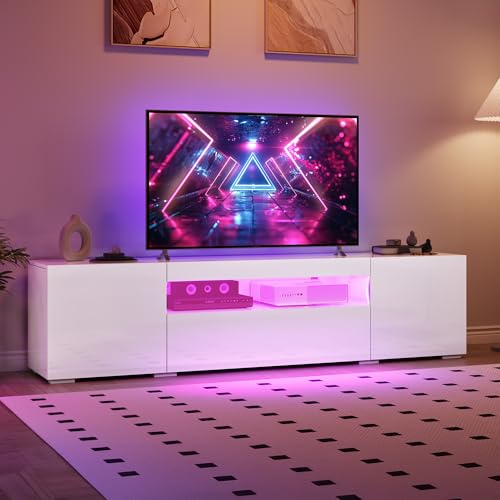 GOOBED TV Stand for 75/70 Inch TV, Modern LED Entertainment Center with Storage, Modern High Glossy Media Console Cabinet for Living Room, White