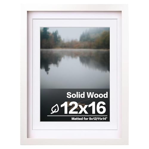 Egofine 12x16 Picture Frame White Covered by Plexiglass Made of Solid Wood Display Pictures 9x12 and 11x14 with Mat or 12x16 Without Mat for Wall Mounting