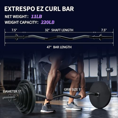 47\" EZ Curl Bar Weight Lifting Bar, 1-inch Curling Bars for Weight lifting, Barbell bar for Hip Thrusts/Squats/Lunges for Gym and Home, With 2 Star Double Risk T-nuts (220lb Weight Capacity) (Black) - Thumbnail 3