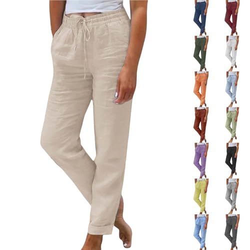 Linen Pants Women Lounge Athletic Work Elastic Comfy Bermuda Petite High Waisted Palazzo Capri Joggers Set