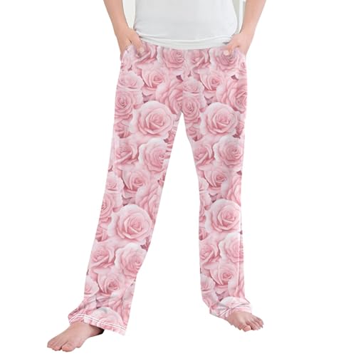 Pink Rose Long Pajama Pants Elastic Waist PJ Bottoms with Pockets S A111839