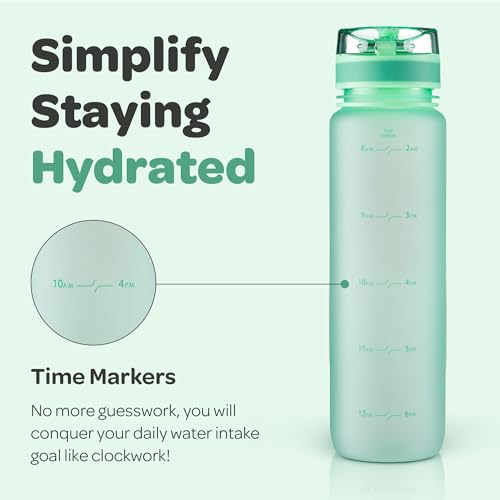 Image of Hydracy Water Bottle with Time Marker - Large 1 Liter 32 Oz BPA Free Water Bottle - Leak Proof & No Sweat Gym Bottle with Fruit Infuser Strainer - Ideal for Fitness or Sports & Outdoors - Aqua Green