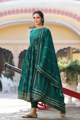 Image of GoSriKi Women's Rayon Blend Printed Anarkali Kurta with Pant & Dupatta