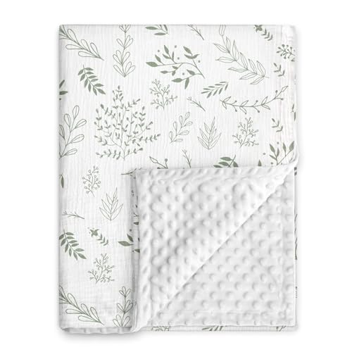 GLLQUEN BABY Blankets for Unisex Boys Girls, Muslin Cotton Front Soft and Breathable, and Dotted Fleece Backing, Printed Bed Nursery Minky Blankets for Toddler Newborn, Greenery, 30 x 40 inches